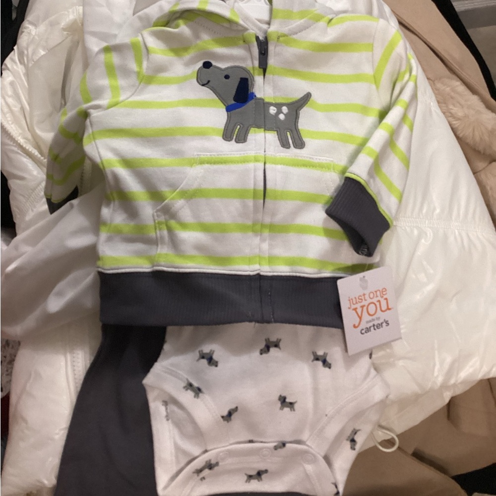 Carter's Green Striped Dog Hoodie and Bodysuit Set